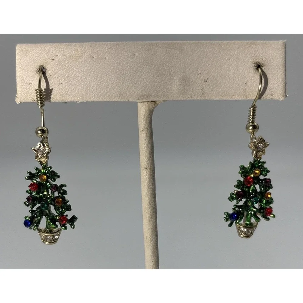 Vintage Silver Tone Rhinestone Christmas‎ Tree Holiday Pierced Dangle Earrings